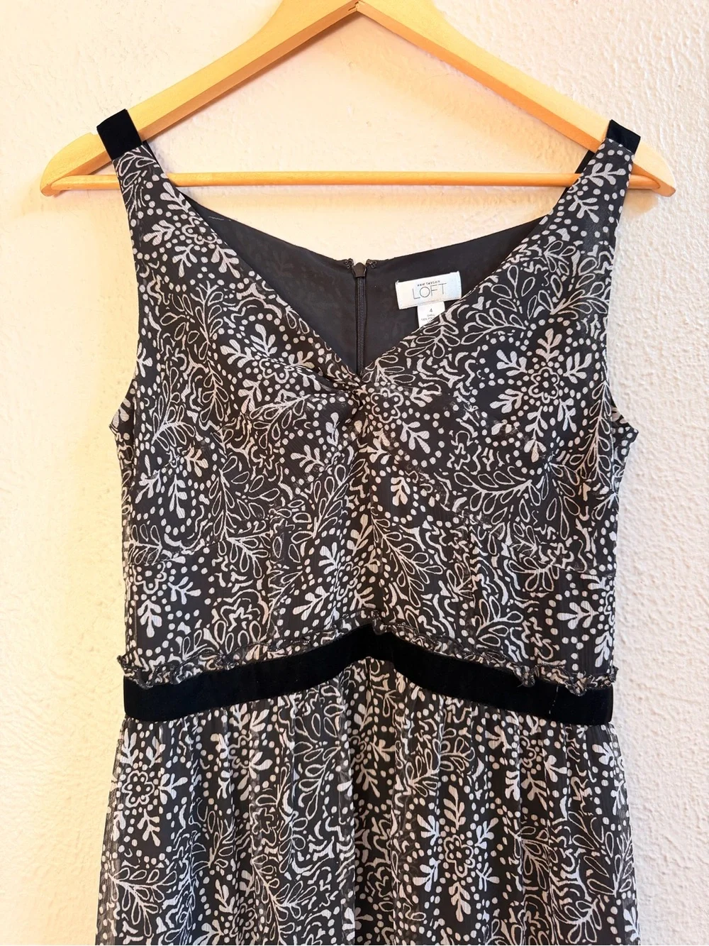 Loft black white floral velvet detail ruffle midi dress